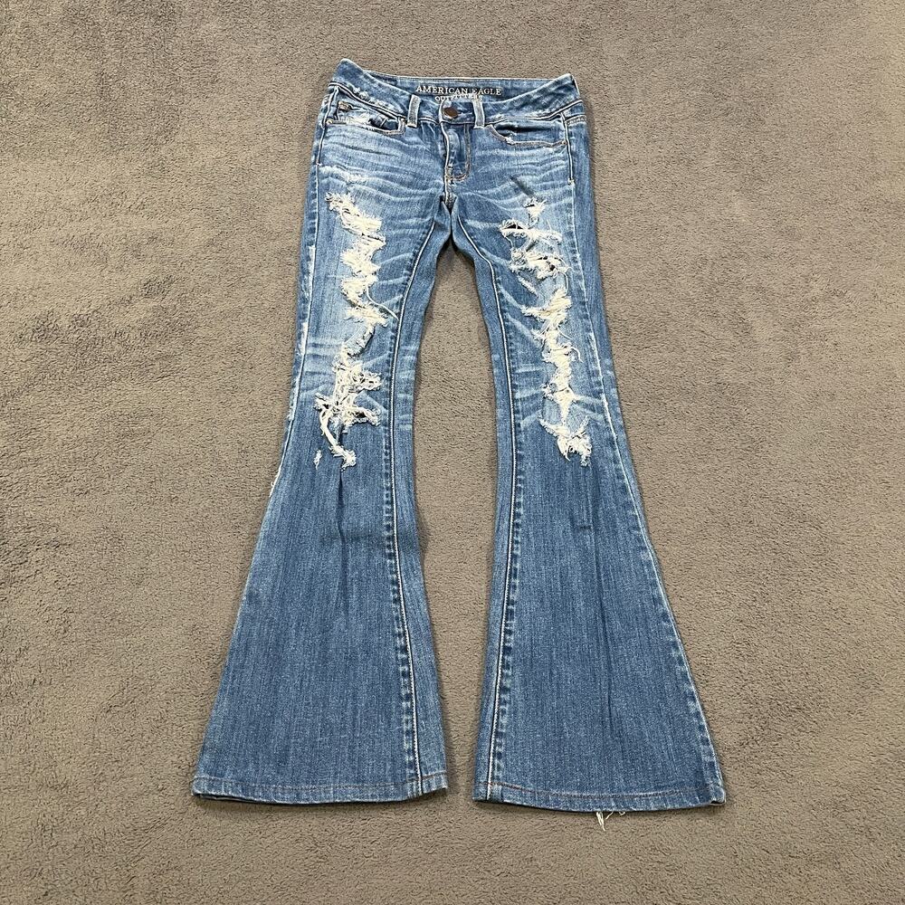 American Eagle Blue Distressed Low Rise Flare Stretch Jeans Women's Size 00